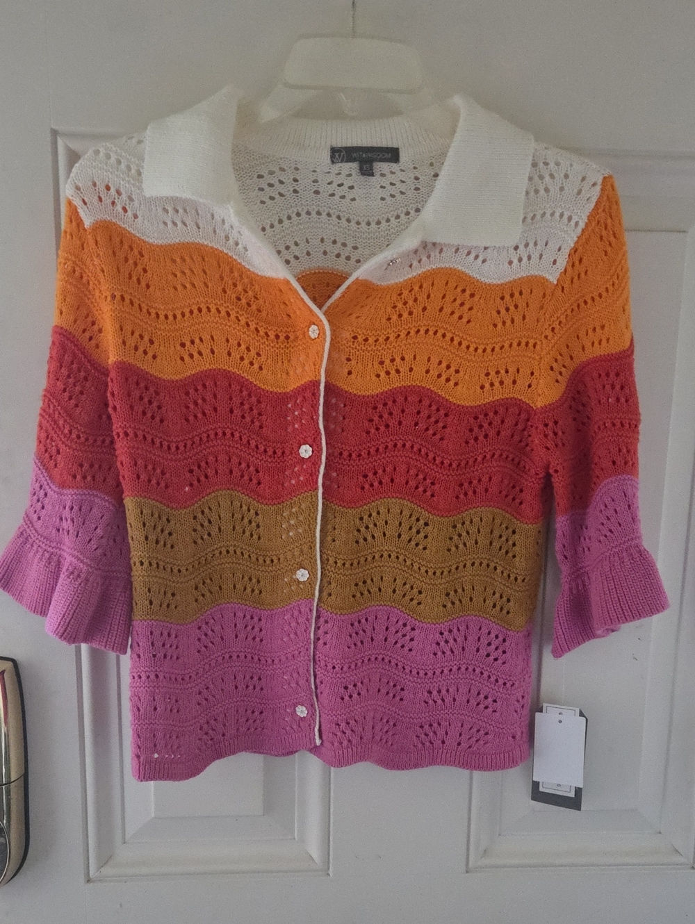Nordstrom Striped Eyelet Knit Cardigan in White, Orange, Red, Brown, Pink